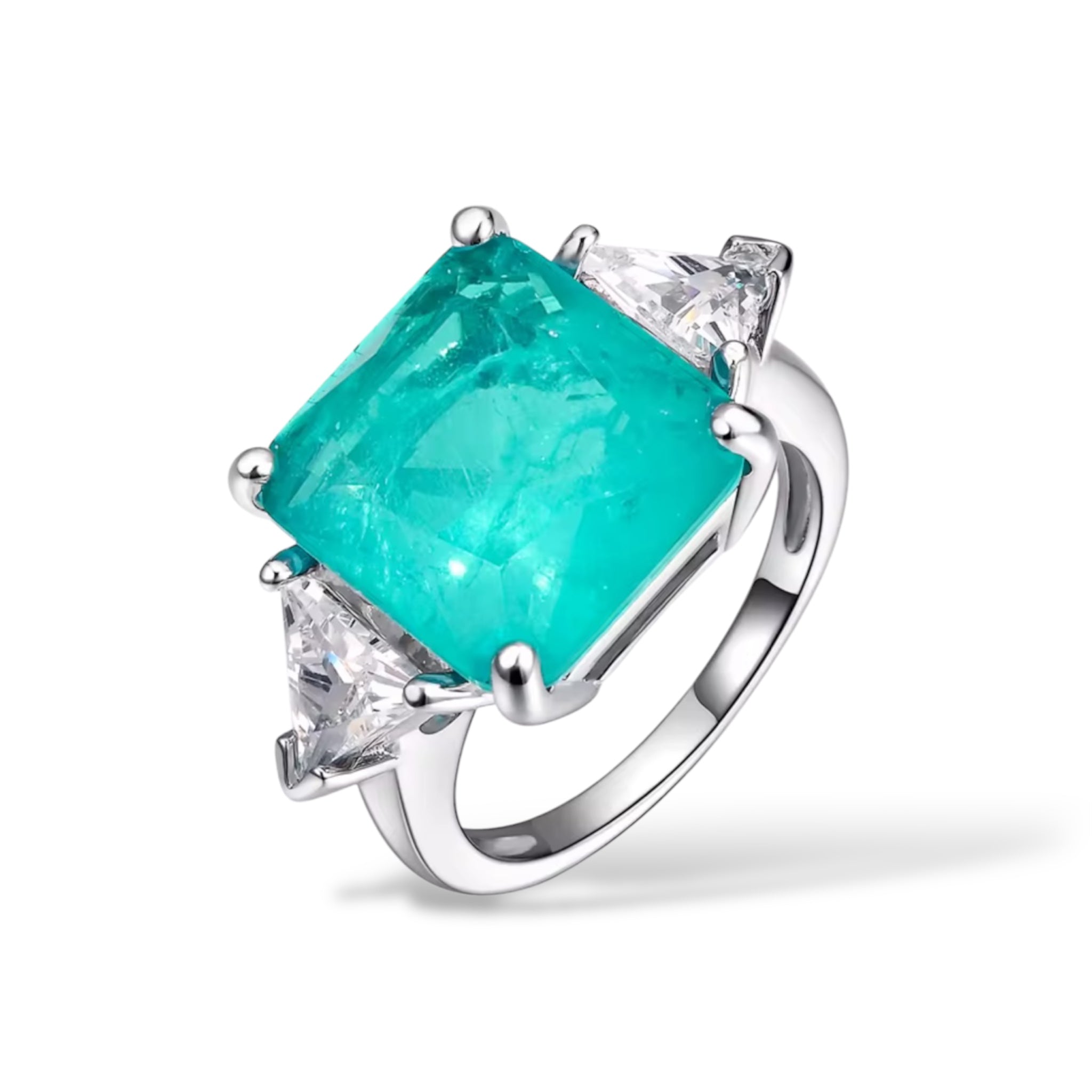 Synthetic Paraiba ring with luminous triangles