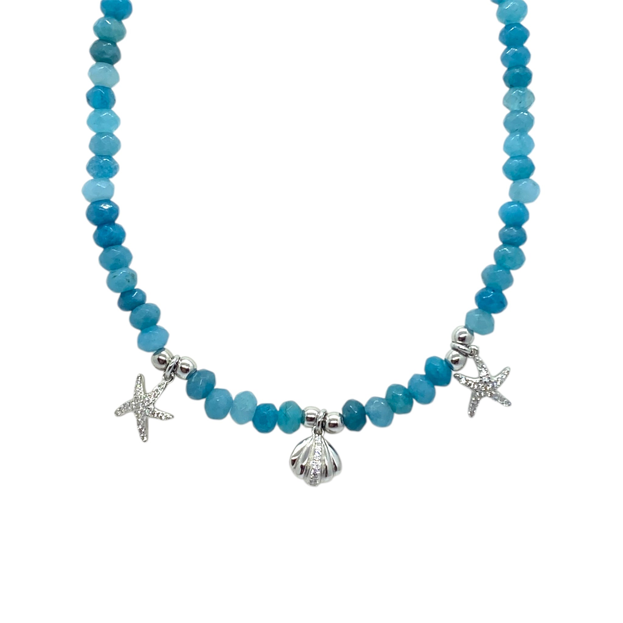 Collana in quarzo azzurro naturale con stelle marine scintillanti