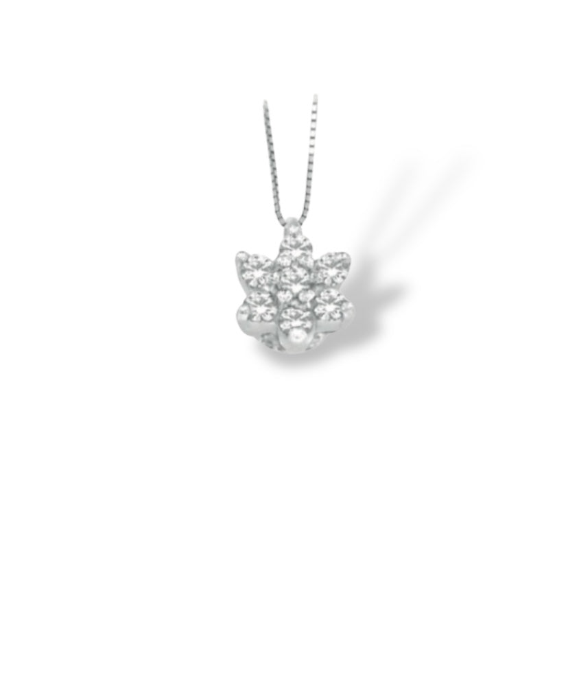 COLLANA CON PENDENTE A FIORE IN ORO BIANCO 18KT CON DIAMANTI SCINTILLANTI ct. 0,14
